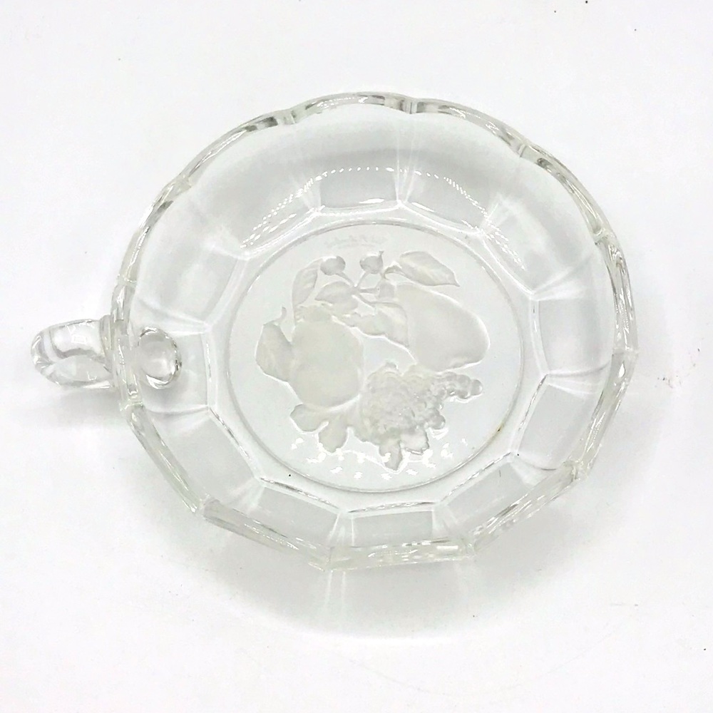 Val St. Lambert Belgium frosted glass Intaglio fruit bowl with finger handle.